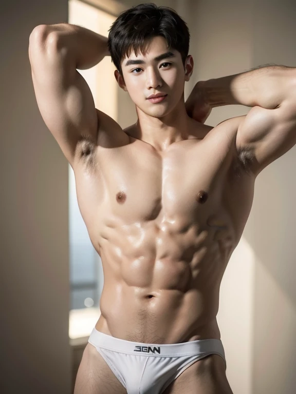 Korean, teenager、Naked Man、whole body、White briefs、Reflected up to the waist、stretching、Adorable smile、whole body , realistic handsome Korean face , natural muscles , beardless face、masterpiece、A high resolution、hyperrealism、detailed face、solo、a men、glowin...