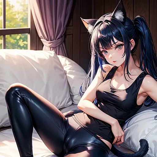 A woman with cat ears and a tail, dark blue hair, and small breasts wearing a tank top and leggings.　　　Spread your legs　Lolita body type