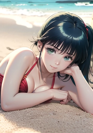 (8k、RAW Photos、highest quality、masterpiece:1.2)、(Realistic、Realistic:1.37)、Very detailed、超A high resolution、animation、1 girl、Ocean、Red Bikini Swimsuit、Beautifully detailed face、、beautifulディテールの肌、whole body、Professional Lighting、Smiling Eyes、((ayukawa madok...