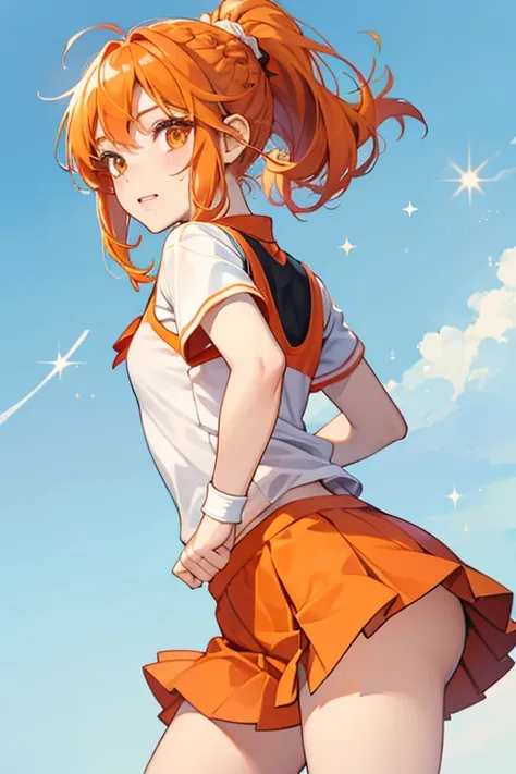 Momiji is a fair-skinned girl orange hair tied into a ponytail by braids and she has a little blue barrette and orange eyes. She wears her tennis uniform when she practices tennis at her school.  SPARKLE; GLITTER