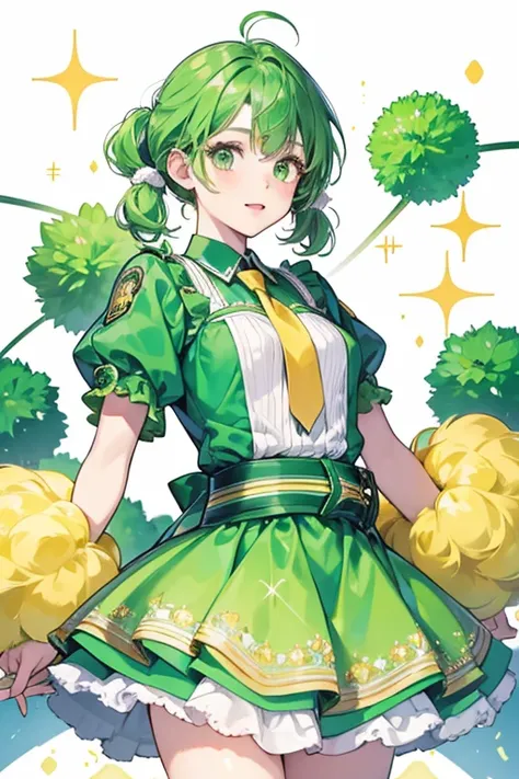 Morimura is a fair skinned girl with green eyes and short hair that is tied into low pigtails by two pale yellow pom-poms on each sides. SPARKLE; GLITTER