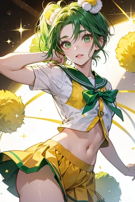 Morimura is a fair skinned girl with green eyes and short hair that is tied into low pigtails by two pale yellow pom-poms on each sides. SPARKLE; GLITTER