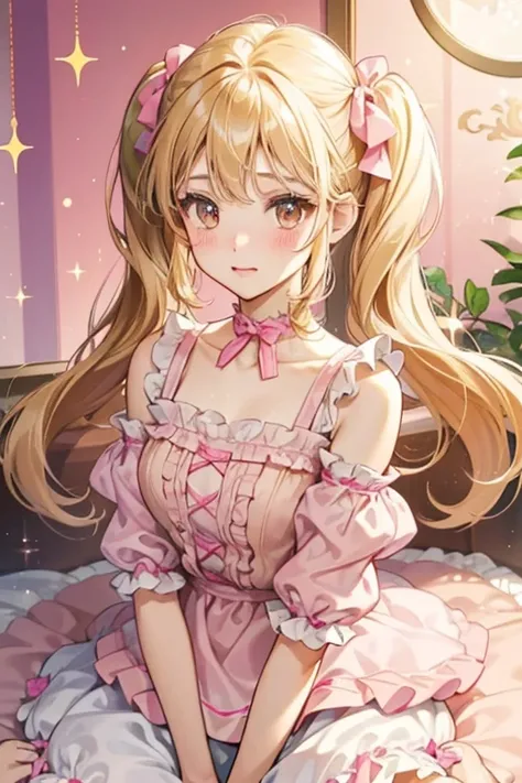 Nana is a girl with fair skin, brown eyes, and short golden blonde hair tied into pigtails by light-pink bows and her hair has a fringe divided into three sections. Nana has blushes cheeks and she wears a white top with sleeves layered by a pink sleeveless...