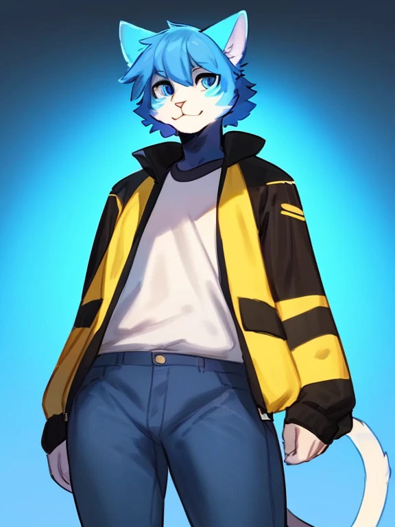 By bebebebebe, by lostgoose, by goonie-san, alone, femboy, feline, cat, blue fur, blue eyes, black and yellow shirt and jacket, jeans, standing, facing viewer, blue hair(blue and yellow),