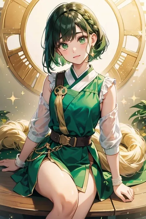 Wakaba is a fair-skinned girl with green eyes and dark green short, bob-cut hair with a fringe brushed to the left side and a braid held by a golden circle clip. SPARKLE; GLITTER