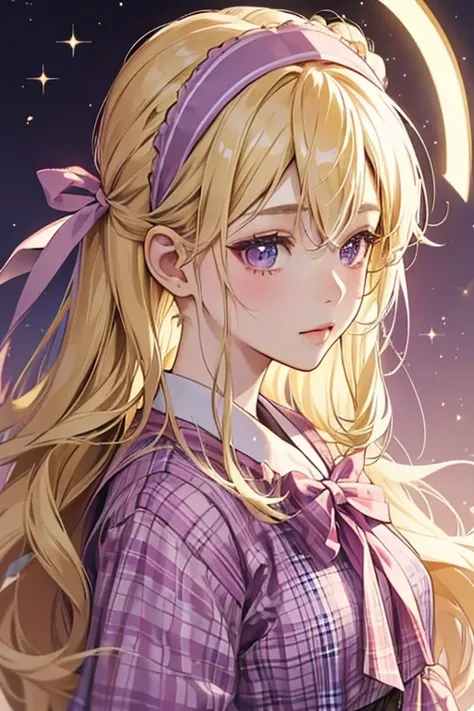 Yume has long light blonde hair that frames her face in the front and curls at the sides and back. She typically wears a lilac plaid headband with a heart shaped clip on the side. SPARKLE; GLITTER