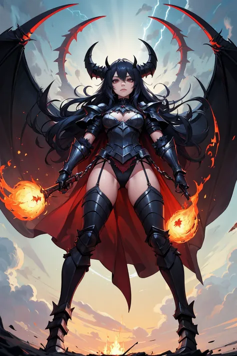 ((woman, 1girl, solo, armor, full body, smug)),（Scale Messenger from Hell：1.4），Look at me condescendingly，defiance，Abominable，The whole body is wrapped in red flames，The long hairs of the flame fluttered in the wind，（Super huge, Claws are thick and sharp），...