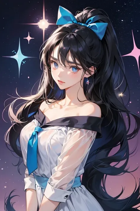 Yuri is a fair-skinned girl with black hair that is tied into a high ponytail by a dark-blue bow with chest-length hair strands hanging on either side while she has bangs covering her eyebrows and dark-blue eyes.

She wears a  when she is at school. SPARKL...