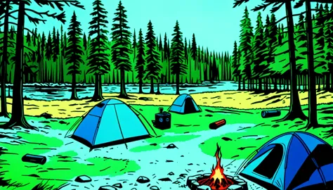 outdoor camping, rotoscope, cinematic, hyperrealism cartoon, hyper maximal, strange, nature colors, shading for depth, 90's expr...