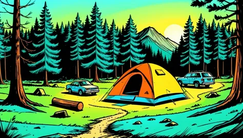 outdoor camping, rotoscope, cinematic, hyperrealism cartoon, hyper maximal, strange, nature colors, shading for depth, 90's expr...