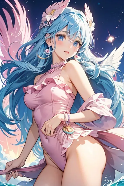 Akoya has eyes of blue lavender with long, flowing sky blue hair accessorized with a pink ribbon and a pearl hair clip. Her thick bangs are split down the center and curl to the side. She has pale pink wings and wears pale yellow clam shaped earrings.

She...