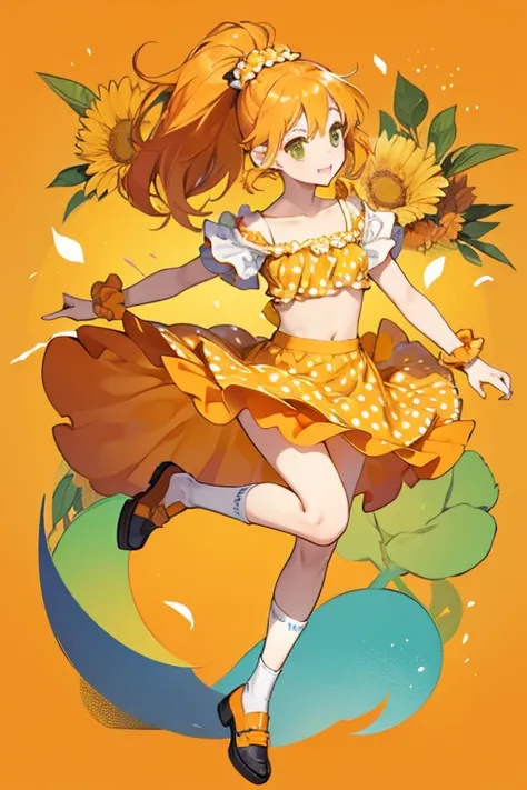 Himawari has an orange and yellow ruffle on her ponytail instead of wearing a hat. She wears an orange tube top with polka dots, with short sleeves. She has two orange wristbands on her wrists, and she wears an orange petal-patterned skirt, with yellow tri...