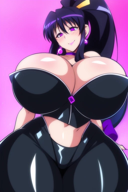 Akeno Himejima, 1girl, (((bimbo))), long blue gray hair, purple eyes, ear rings, (((bimbo))), puffy lips, painted lips, thick lips, smile face, wide hips, thick thighs, huge natural breasts, black jeans, black latex top