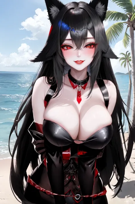 1 girl、red lips，Black lace bikini，Slim，Large Breasts，The facial details are extremely detailed, Smile，handcuffs，collar，Black long hair, Charming red eyes, Fox ears, Ridiculously big, radiant skin，Standing on the beach，ocean，seawater，coconut tree