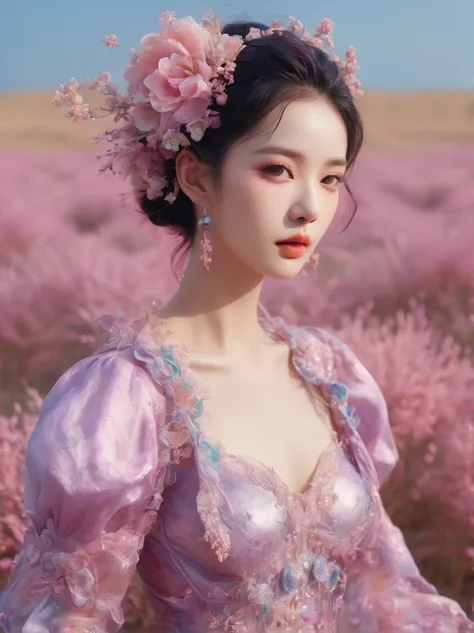 (超Reality:1.4)，(((Full body shot:1.5)))，original，emotion，dynamic，扭曲emotion效果，Energetic，Use unusual colors，Lovely photography，(Reality，Photo Realism:1.4)，Stylized image of a girl made of pink and purple silk，Fantastic，Delicate eyes，Delicate face，Delicate sk...