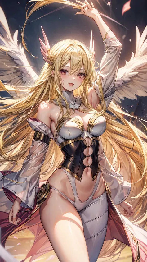 very detailed、highest quality、best image quality、masterpiece、8k、angewomon、anime face、a kind smile、open mouth、(blonde long hair:1...