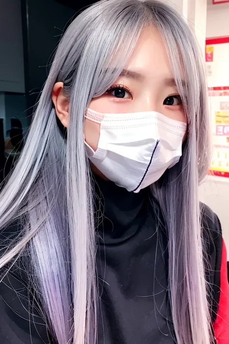 One girl, Gray Hair, Multicolored Hair, Purple eyes, Mask on head, Side light, Particles of light, wallpaper, Arm Up, sweating