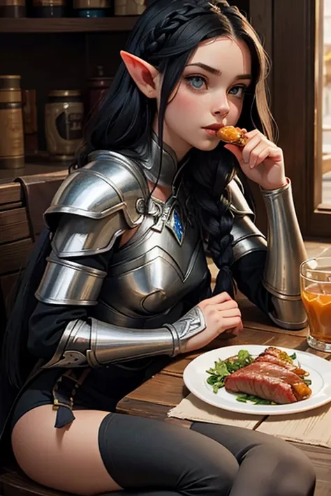 1 elf female,long silky black hair in braids,orelhas pontudas,olhos azuis, thin lips,rosto redondo,seios enormes, quadris largos,wearing light elven battle armor .estilo coquete e melindrosa ,sentada em uma mesa da cozinha distraida comendo carne de javali...