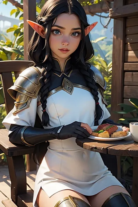 1 elf female,long silky black hair in braids,orelhas pontudas,olhos azuis, thin lips,rosto redondo,seios enormes, quadris largos,wearing light elven battle armor .estilo coquete e melindrosa ,sentada em uma mesa da cozinha distraida comendo carne de javali...