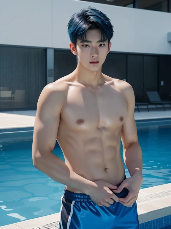 Korean man , teenager 、shoot from below , Shiny blue swimpants , bulge , vivid blue hair , blue eyes , Naked Man , Hairstyle with bangs , I can see your legs、Nothing in my hands、In the indoor pool、whole body , realistic handsome Korean face , thin muscles ...