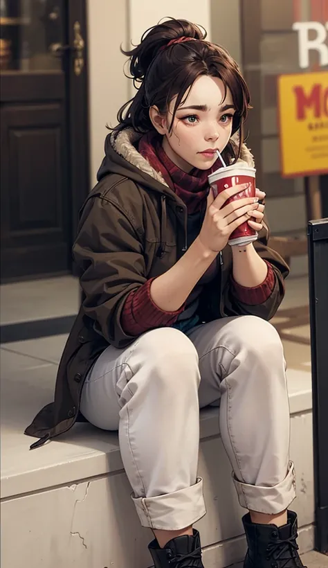 A close up portrait mode hands anime style study reference for drawing drinking a soda and eating with a winter coat and winter boots and short jeans close UP 