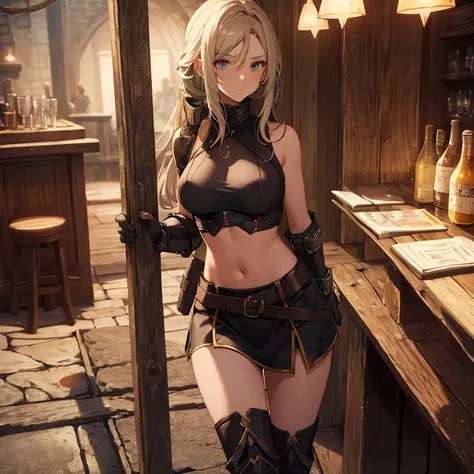 A female medieval fantasy adventurer, (in tavern), various hair styles, harem, night, details face, short skirt, seducing, sleeveless, armor, midriff, bondage pole