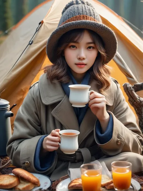 （8k，Highest quality，Maximum resolution，beautiful，8k，The award-winning，Fine details，Ultra Detail，Anatomically correct，Textured Skin，masterpiece），Girls Camping，early morning，breakfast，A cup of hot tea，Visible real steam，Holding the cup with both hands，tent，K...