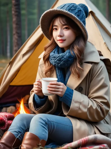 （8k，Highest quality，Maximum resolution，beautiful，8k，The award-winning，Fine details，Ultra Detail，Anatomically correct，Textured Skin，masterpiece），Girls Camping，early morning，breakfast，A cup of hot tea，Visible real steam，Holding the cup with both hands，tent，K...