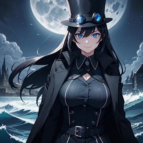 female, smile , black hair,  dark blue eye,blue eye, detective, black top hat with head goggles, black hair, dark blue eyes, black trench coat, blue vest, white shirt, big  , huge breasts, night time, sea, moonlight, star, erotic pose