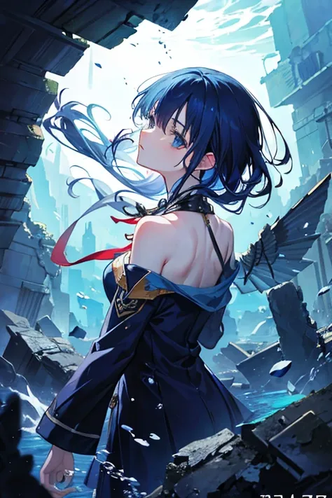 halberd,navy blue hair,cool,underwater ruins,anime style