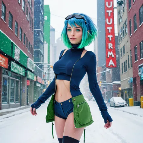 best quality,ultra high res,1girl,solo,full body,snow,city,, blue hair,green eyes,jk, titfuck futurama