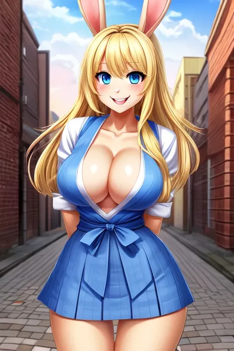 Rabbit girl High school student, solo, female, blonde hair, blue eyes, smiling, big breasts, cleavage, slim, small waist, small hips, japanese city, brick road, hands behind back, happy, looking at viewer, high quality