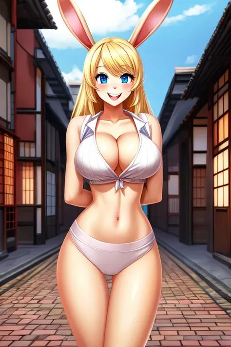 Rabbit girl High school student, solo, female, blonde hair, blue eyes, smiling, big breasts, cleavage, slim, small waist, small hips, japanese city, brick road, hands behind back, happy, looking at viewer, high quality