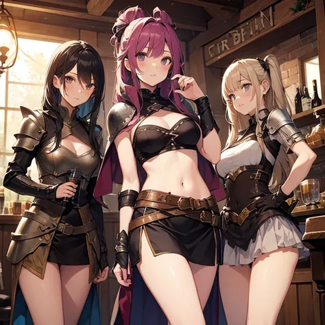 A group of  female medieval fantasy adventurers, (in tavern), various hair styles, harem, night, details face, short skirt, seducing, sleeveless, armor, midriff 