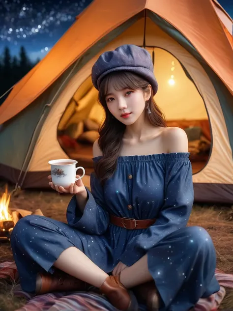 （8k，Highest quality，Maximum resolution，beautiful，8k，The award-winning，Fine details，Ultra Detail，Anatomically correct，Textured Skin，masterpiece），(Vision)，(Wide Angle)，1girl, camping，night，Starry Sky，Galactic Starlight，A cup of hot tea，Visible real steam，Hol...