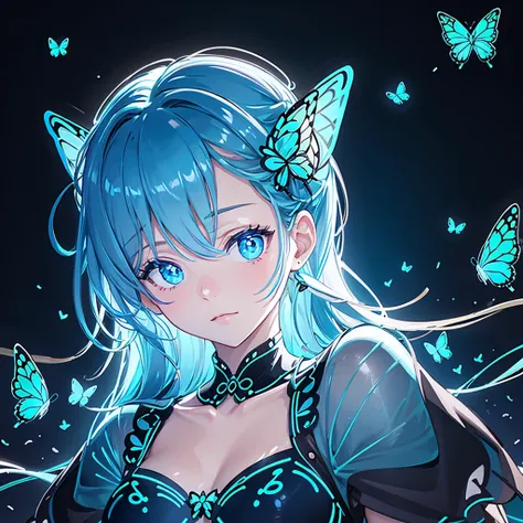 lots of blue butterflies、background black、line art、neon light