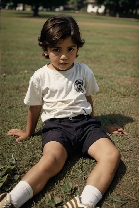 Old photo from the late nineties of a little Polanco boy aged five, boy dark brown hair , kid , Beauty kid boy , playing on the grass , foto de mala calidad 