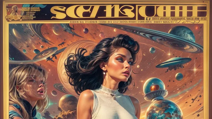 Sci-fi magazine cover by Lou Cameron, outer spaces, planets, stars, rockets, flying saucers, aliens, Lazer guns, Lazer beams, (beautiful woman), 