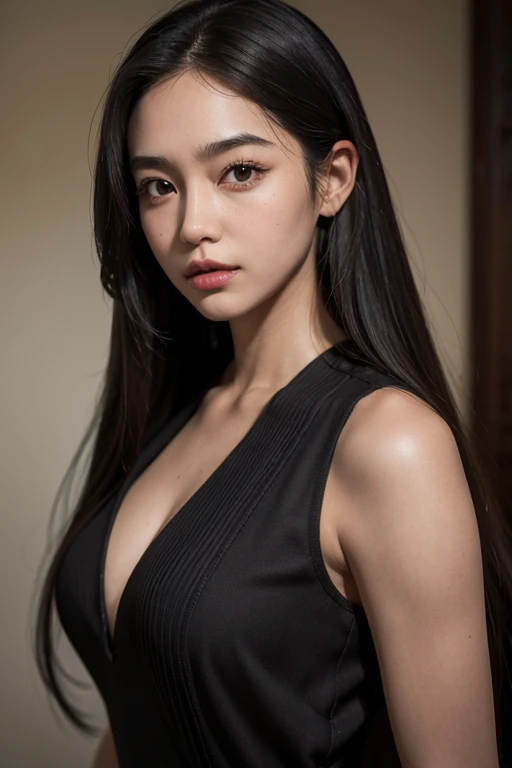 ,1girl40 years old,long oval face,wide forehead,long straight hair,curved eyebrows,medium eyes,long wide nose,thick lips,round chin, ,solo,highres,realistic,cowboy_shot,front view,looking_at_viewer,brown and black closed dress ,