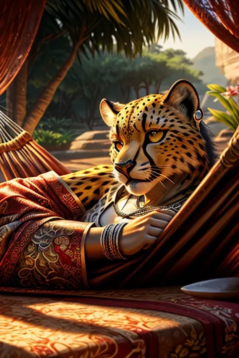 fat female cheetah, hammock, kimono, silver bracelets, silver necklace, silver earrings, detailed face, detailed eyes, detailed nose, detailed lips, laying cheetah, realistic, photorealistic, ultra-detailed, 8k, best quality, masterpiece, cinematic lightin...