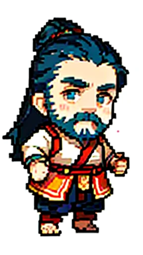 Old man in ancient Chinese costume、Wise Old Man、Looking into the camera、Hair is in a bun topknot、Only one topknot、Long sleeve、Hanfu、Black Hair、Stand and pose、Pixel art、(masterpiece, highest quality, highest quality), pixel,pixel art,whole body,Characters i...