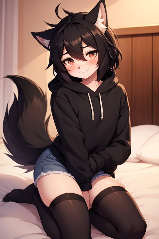 1 fluffy Wolf boy, fluffy fur ((black fur)), fluffy tail ((Black fur)), tricky glance, mischievous smile, sweatshirt, short shorts, perfect body, femboy, long stockings, on bed, blushing, cozy room, any pose, doing anything