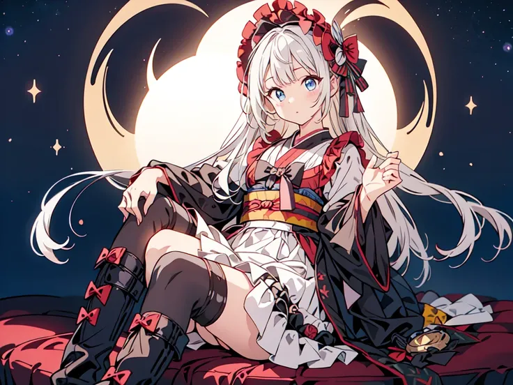 Star Fairy、(masterpiece, highest quality), One girl, Sitting on the crescent moon、「Beautifully printed galaxy patterned kimono and gothic lolita outfits.、Space Pattern Ruffle Box Pleated Mini Skirt、Frontal portrait、Knee-high boots、Captivating eyes、Perfect ...