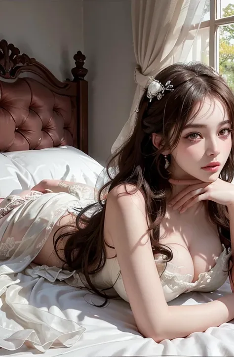 Romantic Rosette dress2, Best quality,Ultra-detailed,Realistic,A high resolution,Portrait,Beautiful woman, Palatial bed,ornate bed,Flawless makeup,suns rays,Beauty,elicate and refined,Stunning, sexy pose, naked ass