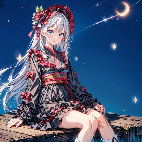 Star Fairy、(masterpiece, highest quality), One girl, Sitting on the crescent moon、「Beautifully printed galaxy patterned kimono and gothic lolita outfits.、Space Pattern Ruffle Box Pleated Mini Skirt、Frontal portrait、Knee-high boots、Captivating eyes、Perfect ...