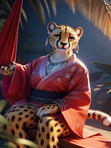 fat female cheetah, hammock, kimono, silver bracelets, silver necklace, silver earrings, detailed face, detailed eyes, detailed nose, detailed lips, laying cheetah, realistic, photorealistic, ultra-detailed, 8k, best quality, masterpiece, cinematic lightin...