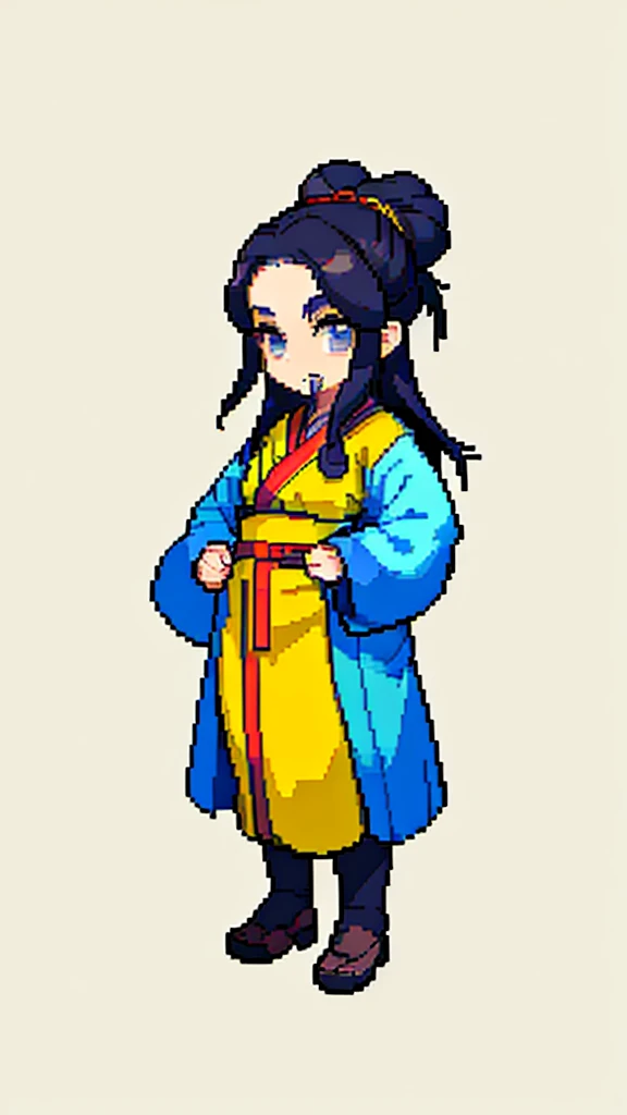 Old man in ancient Chinese costume、Wise Old Man、Looking into the camera、Her hair is tied in a bun、Only one topknot、Long sleeve、Hanfu、Black Hair、Stand and pose、Pixel art、(masterpiece, highest quality, highest quality), pixel,pixel art,whole body,Characters ...