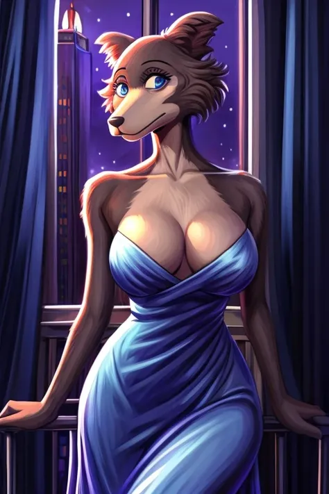 Beastars art style, beastars, Juno, brown wolf, she Wolf, 1girl, furry, long curly brown fur, slim figure, blue eyes, wide hips, Big breasts, party dress, cleavage, night time, New York hotel