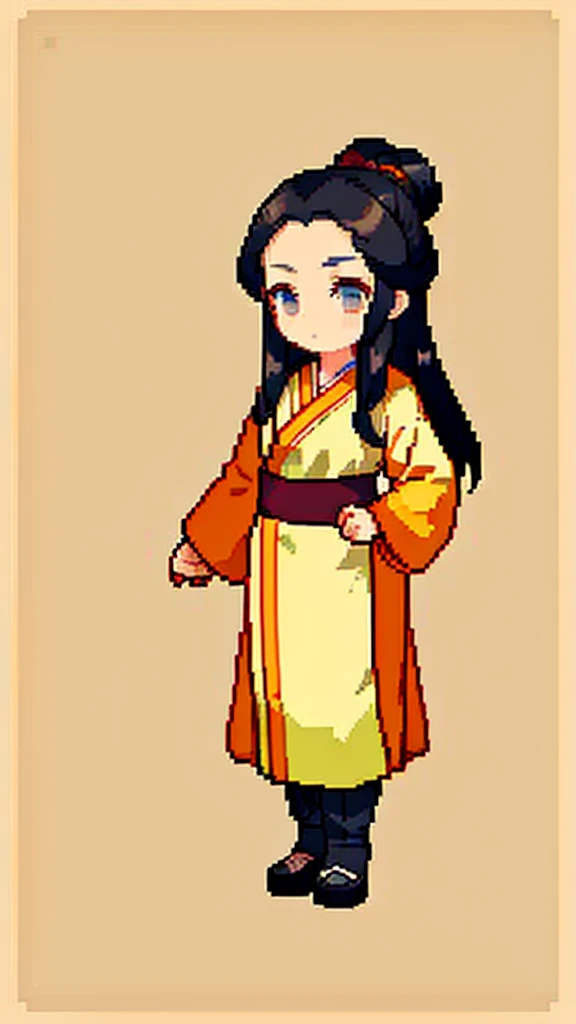 Old man in ancient Chinese costume、Wise Old Man、Looking into the camera、Her hair is tied in a bun、Only one topknot、Long sleeve、Hanfu、Black Hair、Stand and pose、Pixel art、(masterpiece, highest quality, highest quality), pixel,pixel art,whole body,Characters ...