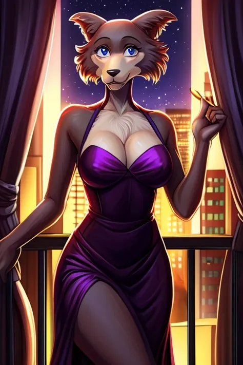 Beastars art style, beastars, Juno, brown wolf, she Wolf, 1girl, furry, long curly brown fur, slim figure, blue eyes, wide hips, Big breasts, party dress, cleavage, night time, New York hotel